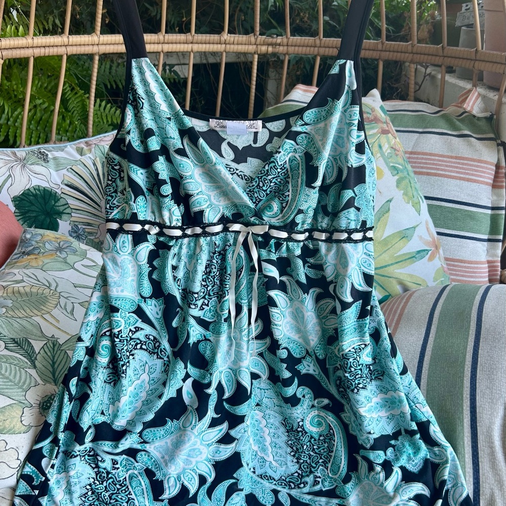 Linea Donatella Babydoll Chemise Blue Paisley Ribbon Trim Size L